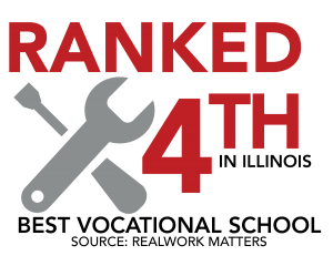 An infographic with a wrench and screwdriver that states "Ranked fourth in Illinois, Best vocational school. Source: Realwork Matters."