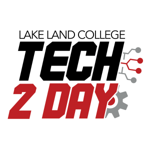 A black and red logo that reads "Lake Land College, Tech 2 Day". It has a gear and wires next to the logo.