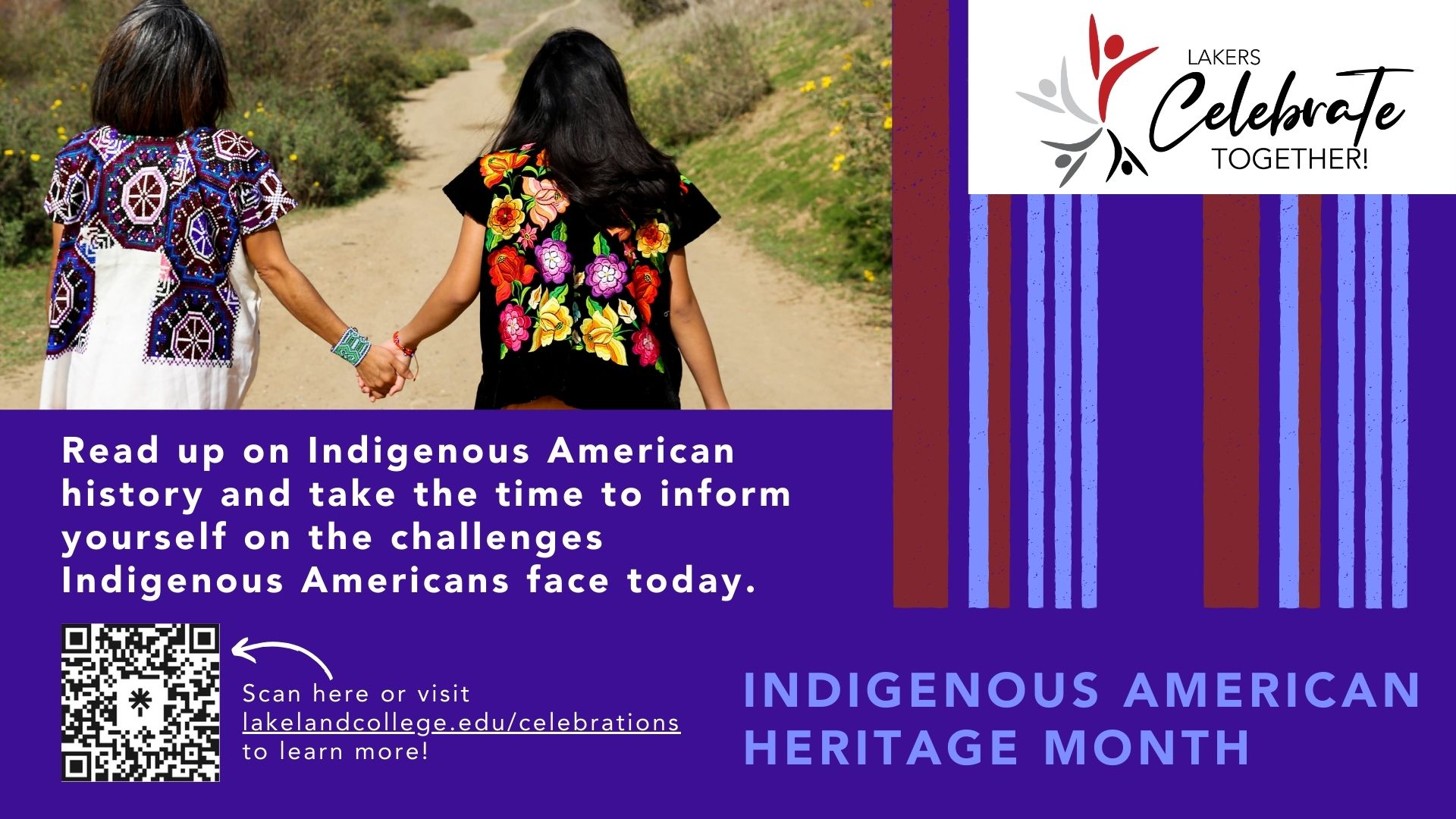 Indigenous American Heritage Month, two Indigenous women hold hands while walking down a dirt road with plant life on the sides