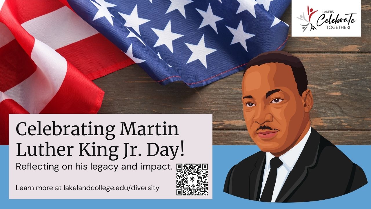 Flowing flag with animation of Martin Luther King Jr. and text that reads "celebrating Martin Luther King Jr. Day! Reflecting on his legacy and impact. Lakers Celebrate Together.