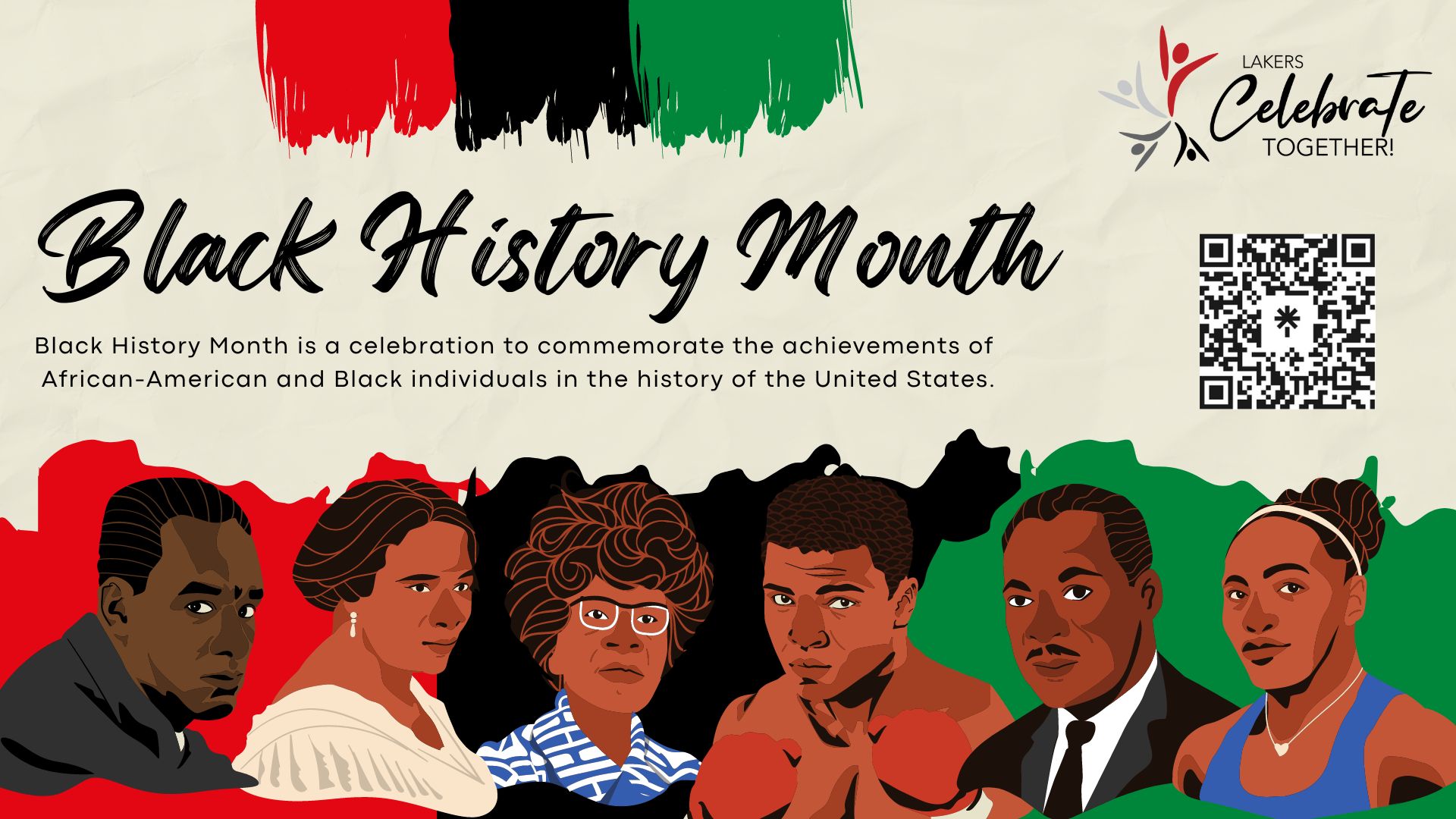 Several animations of Black historical figures on a beige background with red, black and green color splashes in teh background