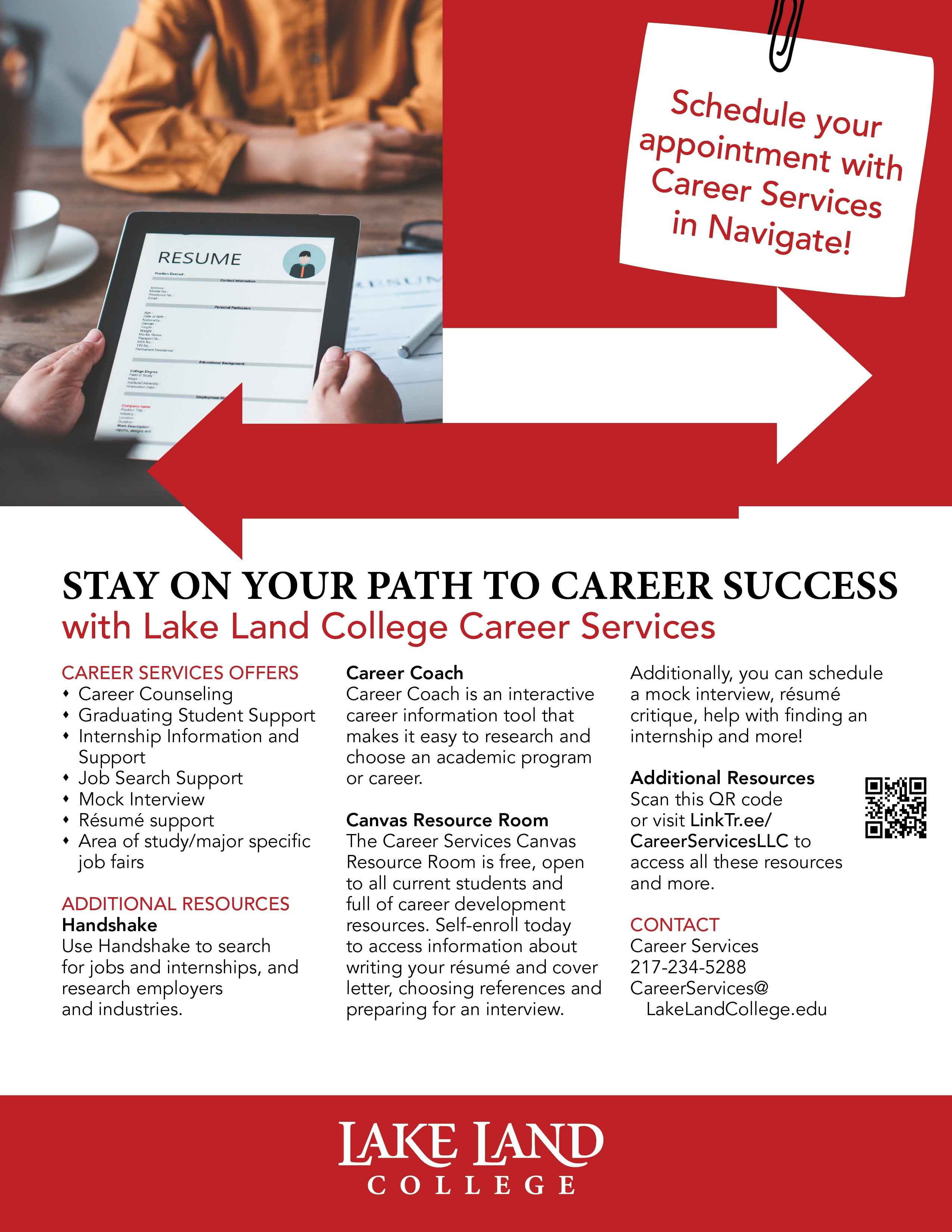 Student flyer for career services at Lake Land