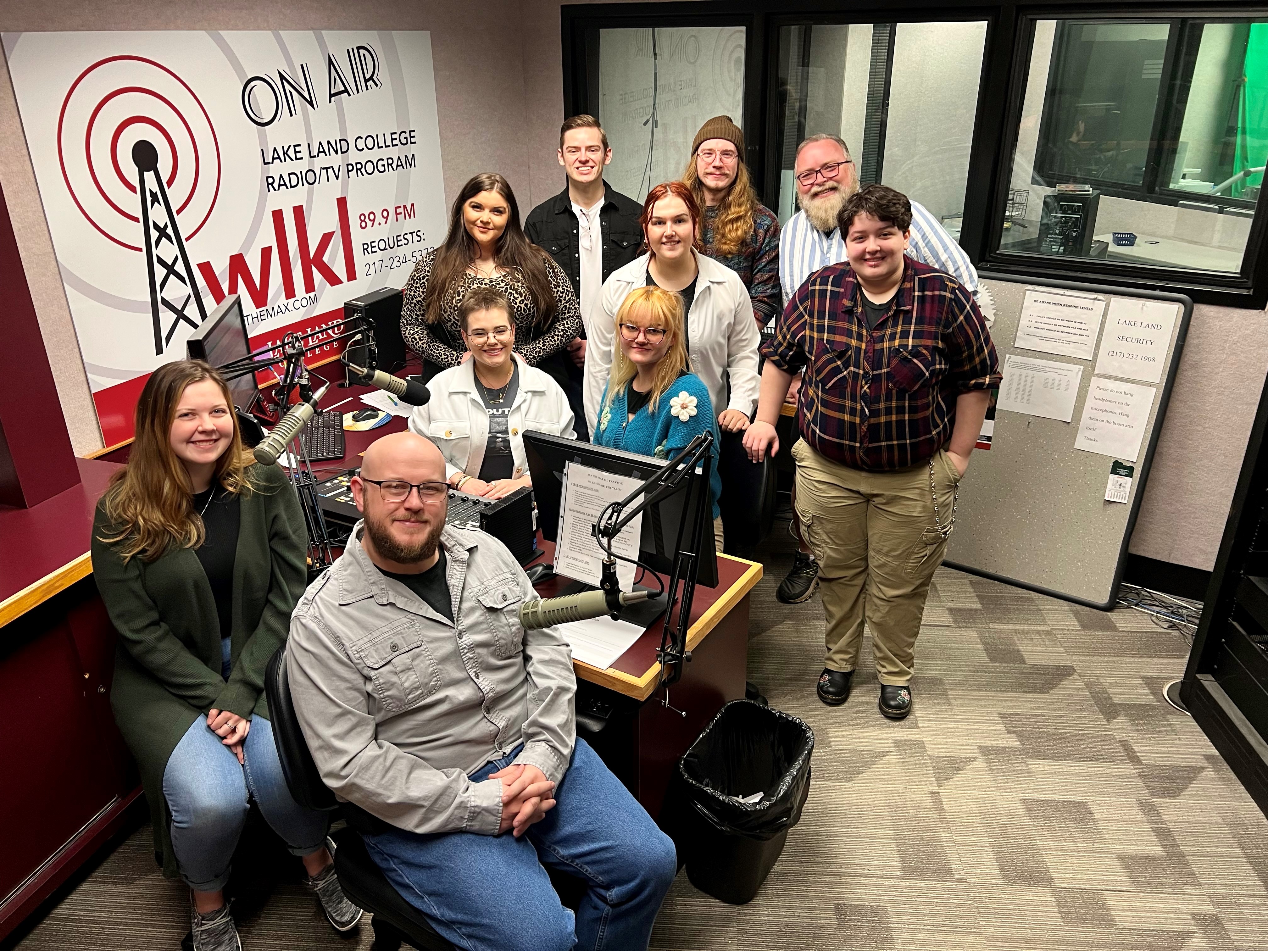 Ten Lake Land Students gathered in the WLKL Broadcast Studio