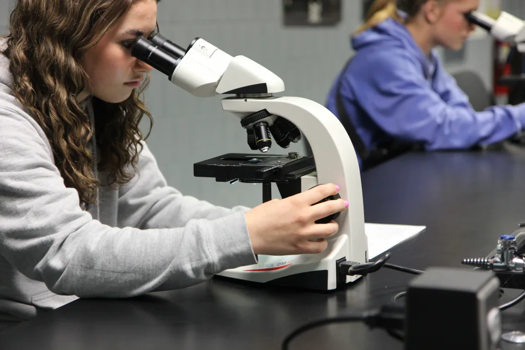 Photo of students looking in microscopes