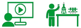 Green icon with someone looking at a tv with a play button, and someone using a chemistry set
