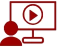 Maroon icon with someone looking at a screen with a play button