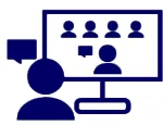 Blue icon with someone speaking to a screen resembling a zoom meeting
