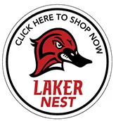 Graphic with Laker Louie. Words on it are 'Click here to shop now at the Laker Nest'.