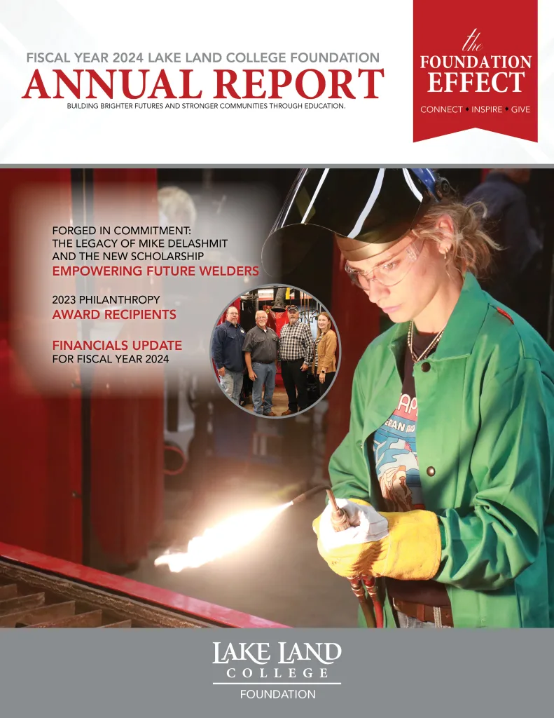 Photo showing cover of 2024 Foundation Annual Report. Depicts an image of a female welder.
