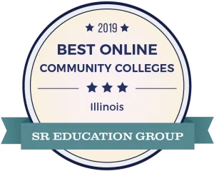 Graphic showing Lake Land College was awarded the Best Online Community Colleges of Illinois in 2019 from the SR Education Group