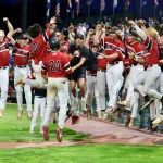 The Lake Land College 2025 Lakers Baseball team following an upset victory over Blinn College during the 2025 JUCO World Series.