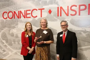 Diane Honn accepts the 2025 Alumnus Achievement Award on behalf of her late husband, Gene Honn, during the annual Lake Land College Foundation and Alumni Awards reception.