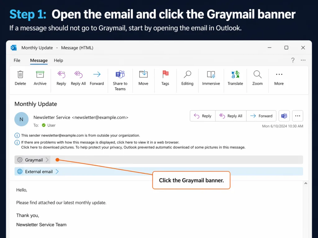 Graphic pointing to the Graymail banner in Outlook