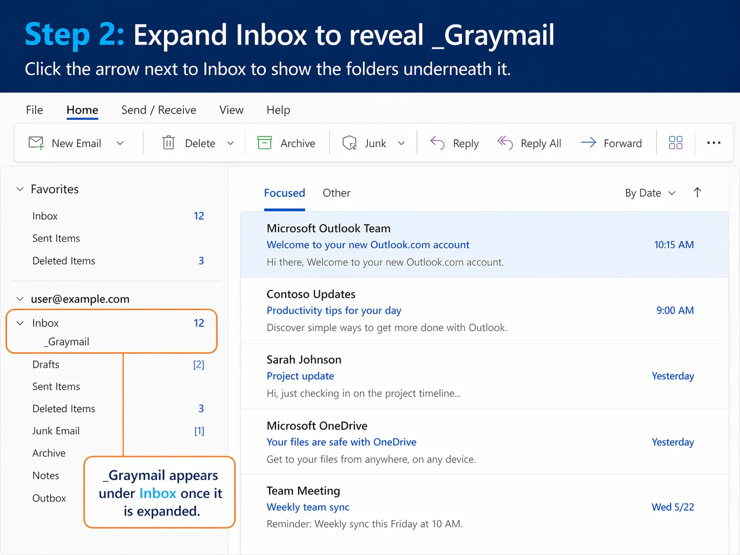 Graphic showing after you have clicked on your inbox, click on _Graymail