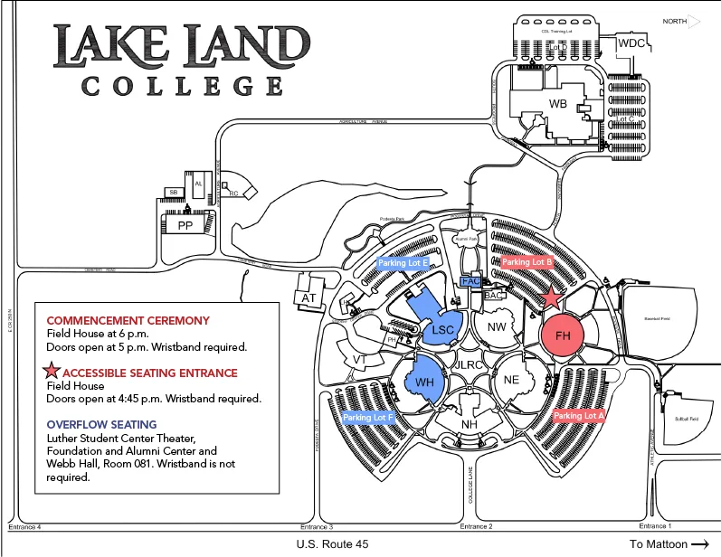 A map of Lake Land College highlighting areas for parking for commencement.