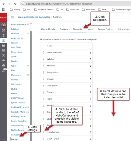 Photo showing how to activate HelioCampus in settings