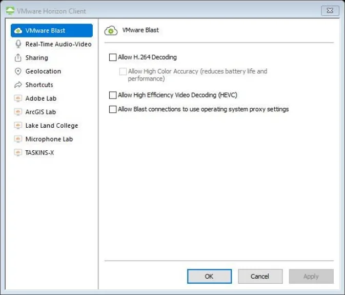 Uncheck VMware Blast settings