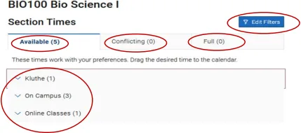 Filter available sections