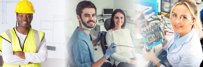Photo of a construction student, a dental student, and an engineering student