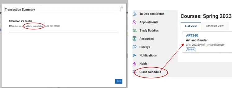 Transaction summary and class schedule