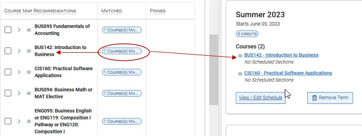 Academic plan template with matched courses