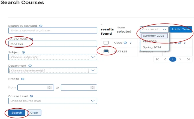 Search for a course and add to term