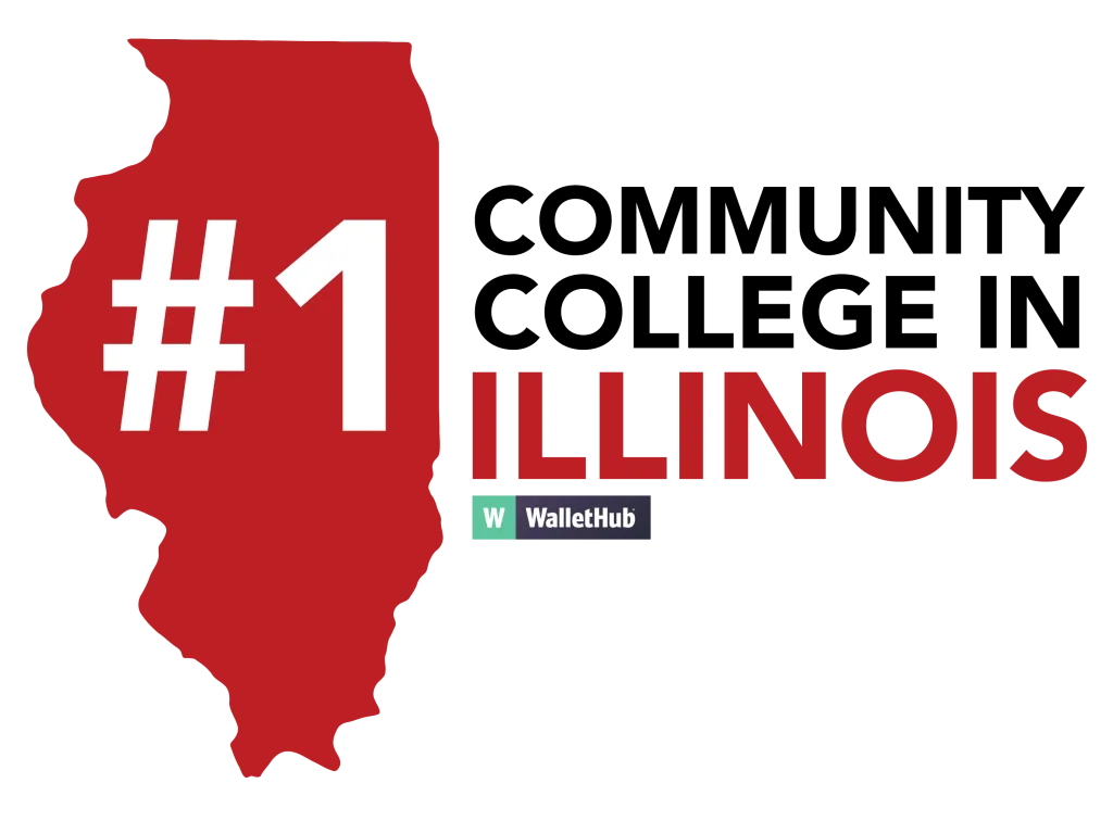 Icon reading "#1 Community College in Illinois." Source is WalletHub.